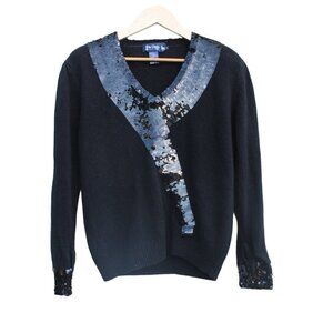 Vintage Le Chois Silk & Angora Hair Sequins Black Women's Knit Top Size M Y2K